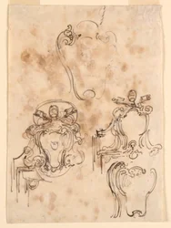 Tegning, skisser for rammer og nøkkelskilt, 1758–69