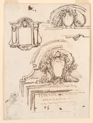 Tegning, skisser for rammer, for sakristiet i St. Peters kirke, 1740–58