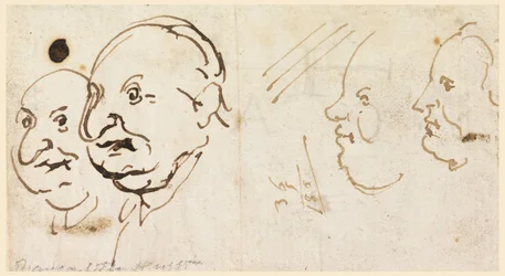 Tegning, skisser av fire hoder i karikatur, 1725–75