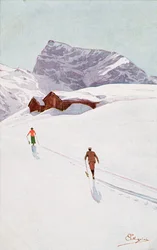 Vandre i fjellene nær Engelberg, Sveits (farge litho)