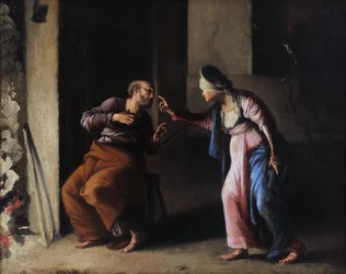 Fornektelsen av St. Peter. Maleri av Carlo Saraceni (1579-1620). Olje på lerret. Mål: 38x48cm. Musee Granet, Aix en Provence.