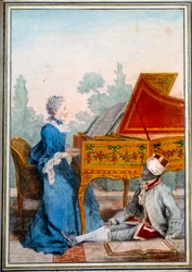 Portrett av Mademoiselle Desgots av Saint Domingue ved cembalo og hennes slave Laurent Watercolor av Louis Carrogis Carmontelle