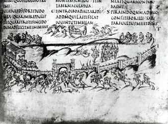 Illustrasjon av forskjellige scener fra Salme 43 inkludert verset Våkn opp, hvorfor sover du, Herre?, fra Utrecht Psalter, kopi av originalen fra Reims nå i Utrecht University Library (penn & i