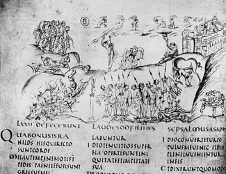 Illustrasjon av forskjellige scener fra en av salmene, fra Utrecht Psalter, kopi av originalen fra Reims nå i Utrecht University Library (penn og blekk)