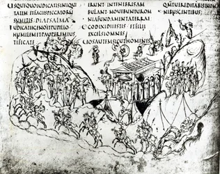 Ulike scener som illustrerer en salme, fra Utrecht-psalteret, kopi av originalen fra Reims, nå i Universitetsbiblioteket i Utrecht