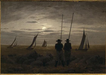 Månebelyst natt på stranden, med fiskere