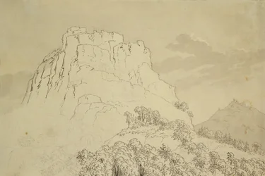 Rocky Hilltop med en Wooded Hill foran (blyant, penn og wc-vask på papir)