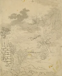 Stream with a Bridge, ca. 1799 (blyant, penn og blekk på papir)