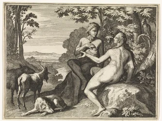 Adam og Eva omgitt av dyrene i paradis