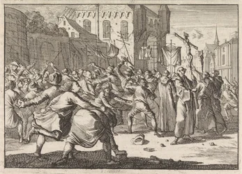 Ved Danzig blir en prosesjon møtt av folket med steiner, 1678