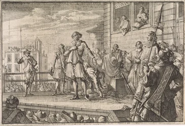 Thomas Wentworth, jarl av Strafford henvender seg til folket fra stillaset, 1641