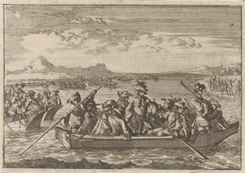 Waldensere jaget fra Savoy vender tilbake til landet sitt i lektere over Genfersjøen, 1689