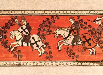 Riddere bærer flagg. Tempera på tre fra dekorasjonen av et tak. 1200-tallet.
