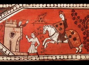 Riddere bærer flagg: ridderen, prinsessen og herauten. Tempera på tre fra dekorasjonen av et tak. 1200-tallet.