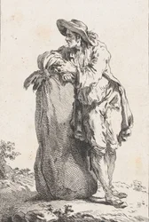 Bonde lener seg på en sekk med korn, 1758.