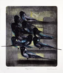 Magpie Rhythm, 2016 (mokulito-litografi med håndkolorering)