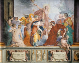 Lorenzo tar imot musene og dydene akkompagnert av Apollo til Firenze, av Francesco Montelatici kjent som Cecco Bravo, fresco