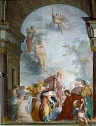 La Renommee ovatifiserer bedriftene til Lorenzo de Medici den storslåtte (Laurent de Medici le Magnifico) (1449-1492) Fresco av Cecco Bravo (Francesco Montelatici) (1607-1661) rundt 1635 Firenze, Palazzo Pitti, Sala degli Argenti