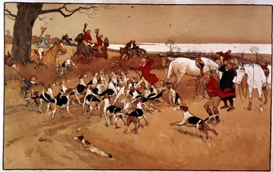 Jakt scene løp; skyting. Gravering av Cecil Aldin (1870 -?), england. Coll. Del