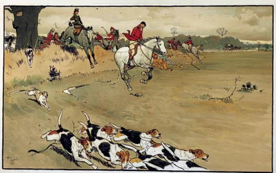 Jaktscene, hundeflokken bjeffer etter akvarellspillet av Cecil Aldin (1870-1935) Privatsamling fra 1800-tallet