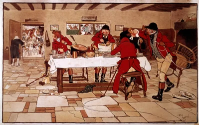 De tre duene snacks. Jegere lager mat og spiser raskt før de drar på jakt. Gravering av Cecil Aldin (1870 -? ), england. Coll. Avtale