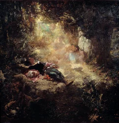 En solstråle Unge mennesker sover på en klar vei. Maleri av Celestin Nanteuil (1813-1873)
