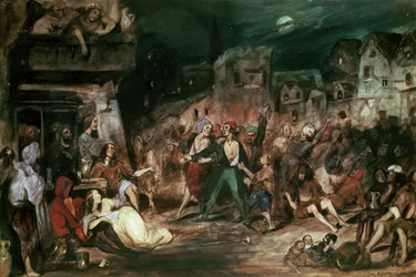 Gringoire ved Miraklenes hoff, illustrasjon fra kapittel VI av «Ringeren i Notre Dame» av Victor Hugo (1802-85), 1835