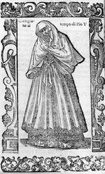 Renessanse: en kurtisane på tiden til pave Pius V (1566-1572). Gravering fra "" Moderne og eldgamle kostymer"" av Cesare Vecellio