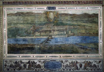 Utsikt over byen Innsbruck, Østerrike. Utsikt over byene i Habsburg-riket. Freske av Michelozzo-hoffet ved Palazzo Vecchio i Firenze. Maleri av Sebastiano Veronese Giovanni Lombardi, Cesare Baglioni og Turino da Piamonte, ca. 1565. Størrelse