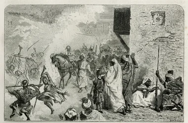 En ung gutt bærer seg i triumf ved returen av omskjæringsseremonien, midt i mengden som skyter pistolskudd i luften, mens han skriker og koser seg igjen, gravering av C.Biseo for å illustrere historien Le Maroc av Edmondo de Amicis , i