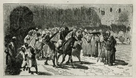 chatiment av en tyv, klatrer på et muldyr, han mottar batonger under fargene av mengden, gravering av C.Biseo, for å illustrere historien Le Maroc av Edmondo de Amicis, i 1875, publisert i tour du monde, under retning av Edouard Charton