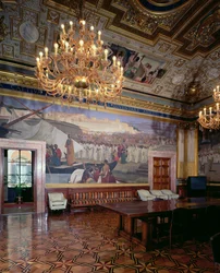 Sala Maccari Maccari-rommet rikt dekorert med forgylt stukkatur og scener fra romersk historie, detalj av panel som viser en taler foran en folkemengde, foto fra 1882-88