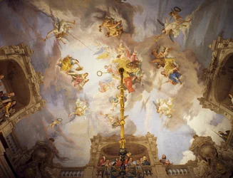 Allegory of Italy, freskomaleri av Cesare Mariani (1826-1901), tak, Hall of Majority, Palazzo delle Finanze (Palace of Finance), Roma. Italia
