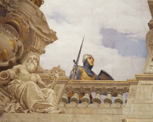 Detalj fra Allegory of Italy, freskomaleri av Cesare Mariani (1826-1901), tak, Hall of Majority, Palazzo delle Finanze (Finanspalasset), Roma. Italia