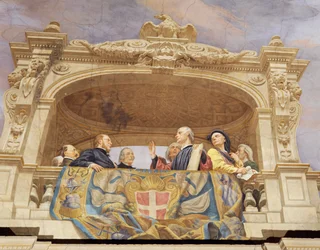 Detalj fra Allegory of Italy, freskomaleri av Cesare Mariani (1826-1901), tak, Hall of the Majority, Palazzo delle Finanze (Finanspalasset), Roma. Italia