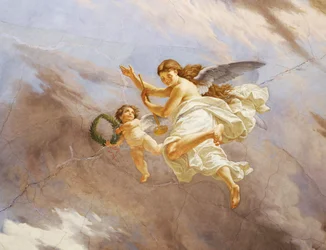 Detalj fra Allegory of Italy, freskomaleri av Cesare Mariani (1826-1901), tak, Hall of Majority, Palazzo delle Finanze (Palace of Finance), Roma. Italia