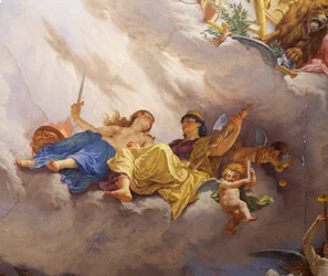 Detalj fra Allegory of Italy, freskomaleri av Cesare Mariani (1826-1901), tak, Hall of Majority, Palazzo delle Finanze (Palace of Finance), Roma. Italia