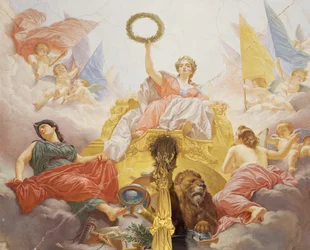 Detalj fra Allegory of Italy, freskomaleri av Cesare Mariani (1826-1901), tak, Hall of the Majority, Palazzo delle Finanze (Finanspalasset), Roma. Italia