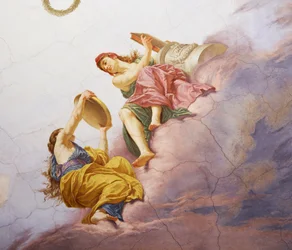Detalj fra Allegory of Italy, freskomaleri av Cesare Mariani (1826-1901), tak, Hall of Majority, Palazzo delle Finanze (Finanspalasset), Roma. Italia