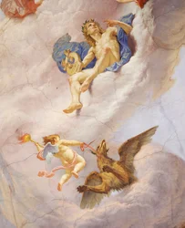 Detalj fra Allegory of Italy, freskomaleri av Cesare Mariani (1826-1901), tak, Hall of Majority, Palazzo delle Finanze (Palace of Finance), Roma. Italia