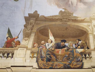 Detalj fra Allegory of Italy, freskomaleri av Cesare Mariani (1826-1901), tak, Hall of Majority, Palace of Finance, Roma. Italia