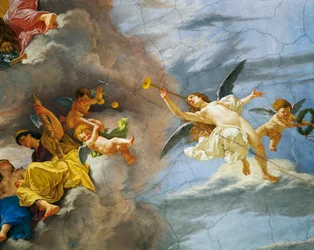 Detalj av Allegory of Italy, freskomaleri av Cesare Mariani (1826-1901), taket i Hall of Majority Palace of Finance, Roma. Italia