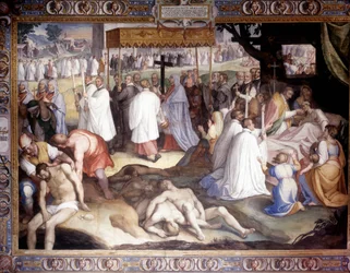 Milanos pest: Saint Charles Borromeo (San Carlo Borromeo) (1538 - 1584) kommuniserer de døende. Fresco av Carlo Nebbia ved Borromeo College i Pavia. Det 16. århundre