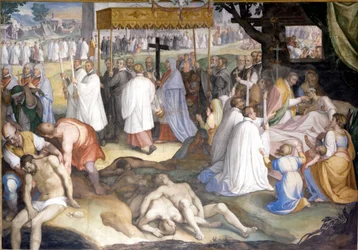 Saint Charles Borromeo San Carlo Borromeo kommuniserte de døende skadedyrene under pesten fra 1575 til 1577 i lazaret i Milano. Fresco av Charles Nebbia ved Borromeo College i Pavia (Milano).