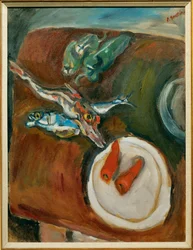 Stilleben med fisk, paprika og gulrøtter, ca. 1918 (maleri på lerret)