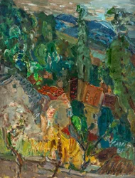 Bybilde med sypresser, Sør-Frankrike, 1920-1930-tallet.