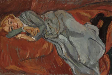 Kvinne som ligger på en rød divan, ca. 1916