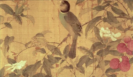 Legg til 32 OA fugler og blomster, detaljer fra en horisontal rulle (blekk og farger på silke)