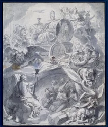 Allegori: "" The Victorious Church of Heresie or the Triumph of Religion"" Tegning av en gouache og vask av verkstedet til Charles Lebrun (Le Brun) (1619-1690) Paris fra 1600-tallet, Musee du Louvre
