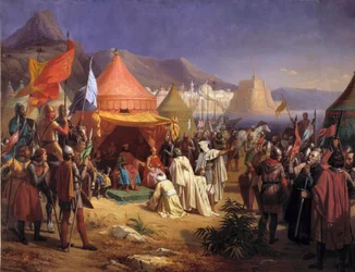 Tatt av Tripoli i april 1102, mottok Bertrand de Saint-Gilles (Saint Gilles) (1065-1112) innleveringen av cadi Fekr el Moulk (Fakhr el-Moulk) maleri av Charles Alexandre (Charles-Alexandre) Debacq (1804-1850) )